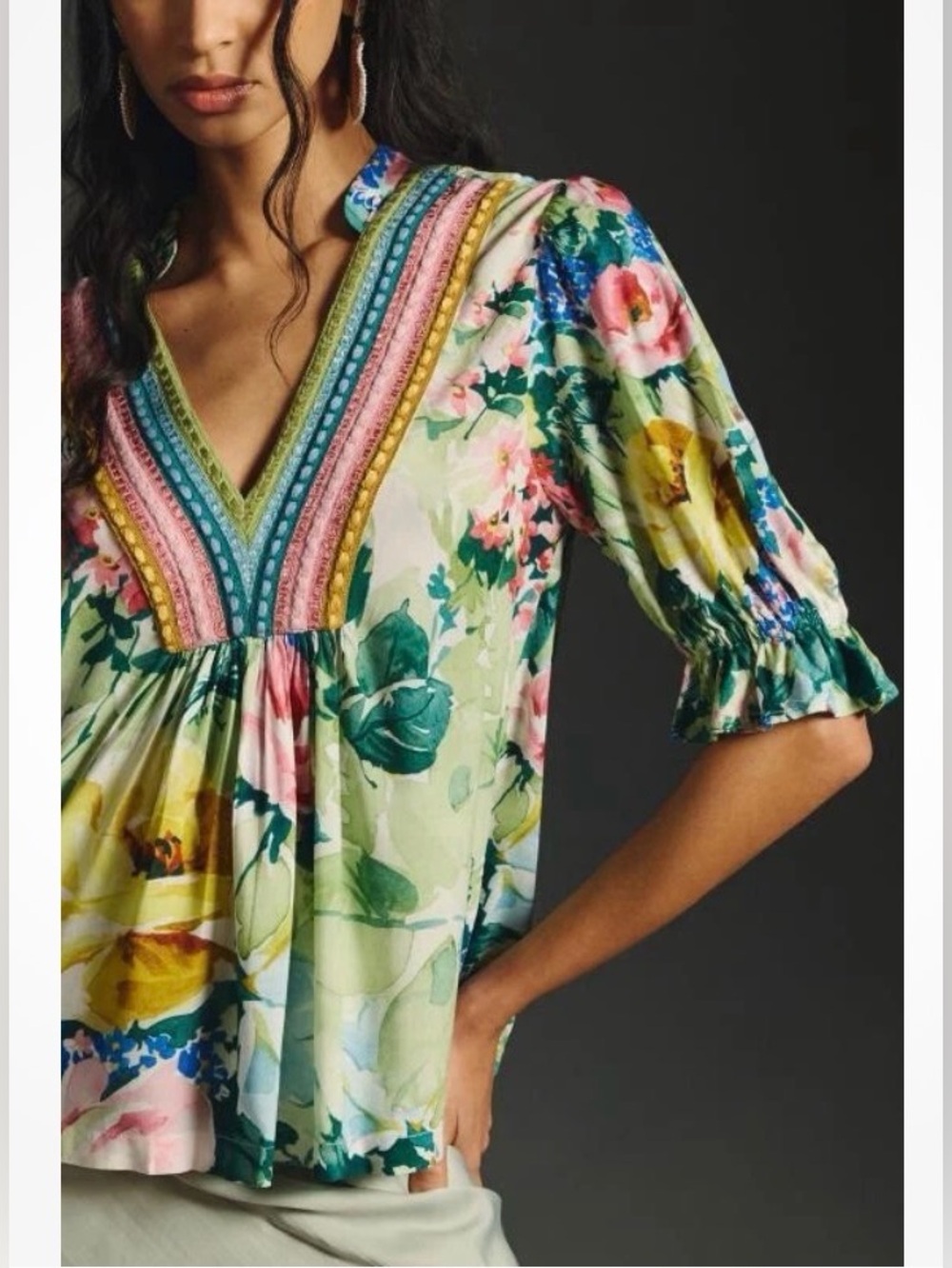 BI^nk London Anthropologie STEPHANIE Floral V-Neck Top pink green - Picture 3 of 10